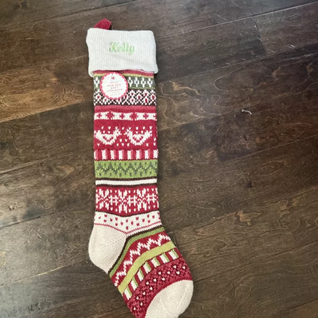 NWT POTTERY BARN Kids Classic Fair Isle Knit CHRISTMAS Bird STOCKING Mono Kelly
