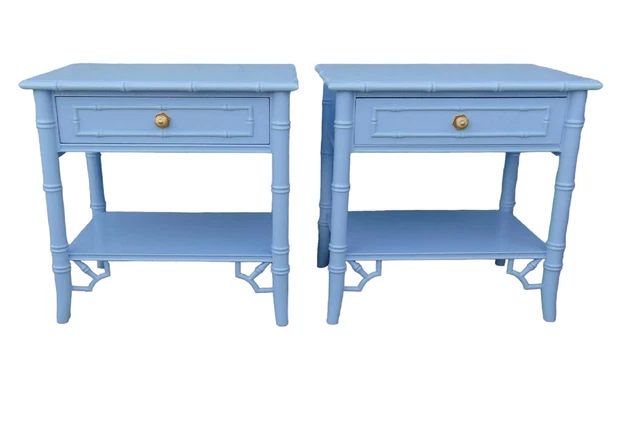 Thomasville Allegro Fretwork Faux Bamboo Nightstands Celestial Sky a pair Thomasville Allegro Fretwork Faux Bamboo Nightstands Celestial Sky a pair