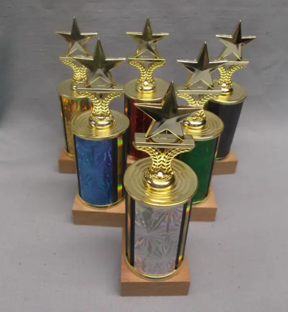 mixed lot of 6 STAR trophy award multi color burst style wood base
