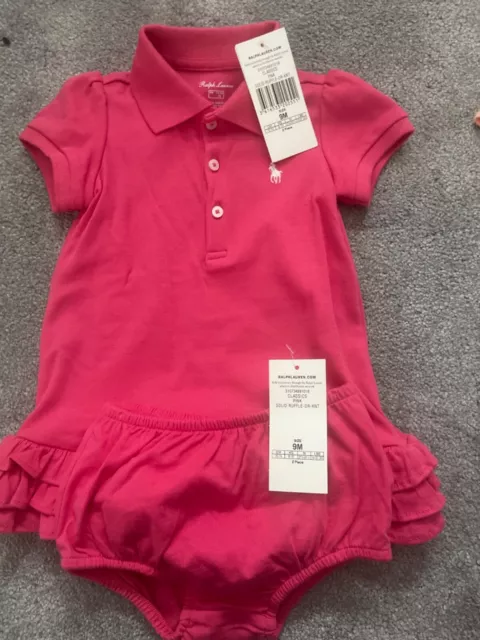 Abito polo Ralph Lauren rosa bambino Oxford taglia 9 mesi 2 pezzi nuovo