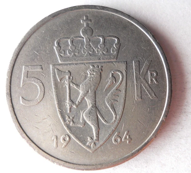 1964 NORWAY 5 KRONER - Excellent Coin - FREE SHIP - Bin #341