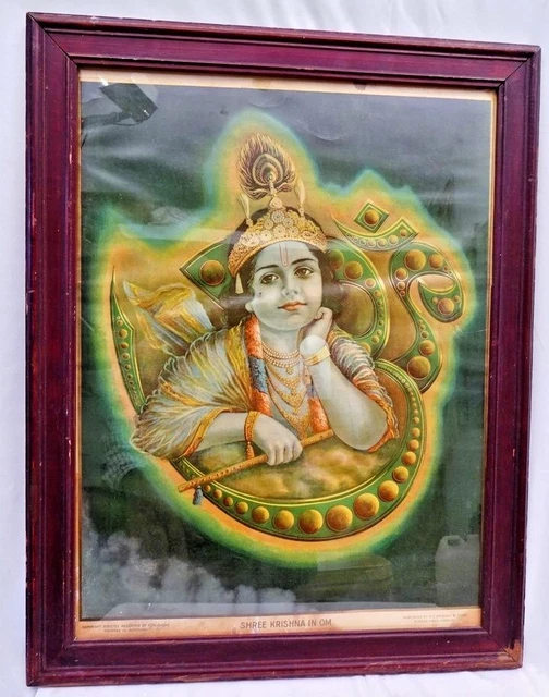 VINTAGE LITHOGRAPH PRINT Frame Lord Krishna Om Hindu Mythology God