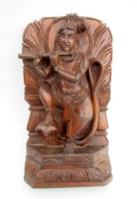 Vintage Old Rare Wood Hand Carved Hindu God Krishna With Snake Wall Decor Panel