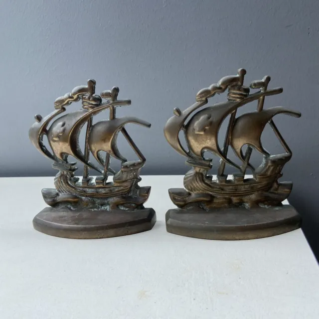 Vintage Pair Brass Galleon Ship Bookends