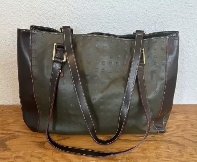 ARCADIA Green Brown Leather Tote Bag Carryall Triple Compartment Handbag MINT