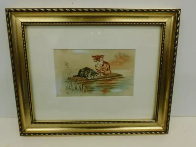 REALLY old painting gilt FRAMED watercolour CATS kittens