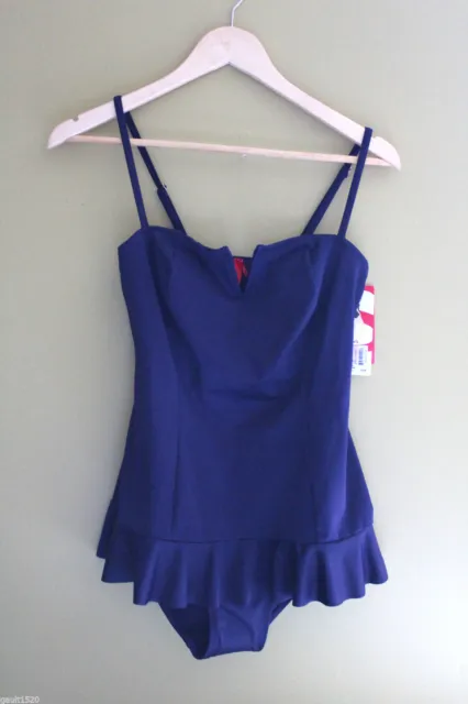 NWT SPANX Sexy Ruffle Swim Dress Navy Splash Blue Slimming Swim Suit 6 $136