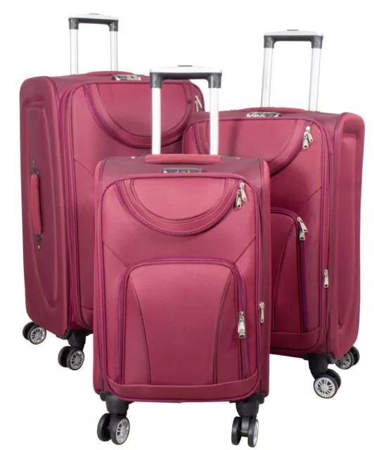 Juego de maletas de equipaje blando 3 piezas juego de viaje carro 4 ruedas pliegue extensivo cerradura roja