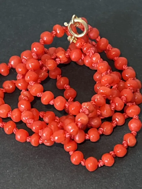 Dainty Undyed Natural Red Coral Bead Necklace 14k Gold Clasp 20” 6 Grams Vintage