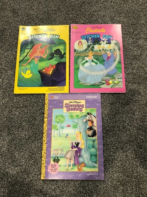 LOT of 3 Walt Disney's Sticker Fun New Golden Books 90's Cinderella Ariel Aurora