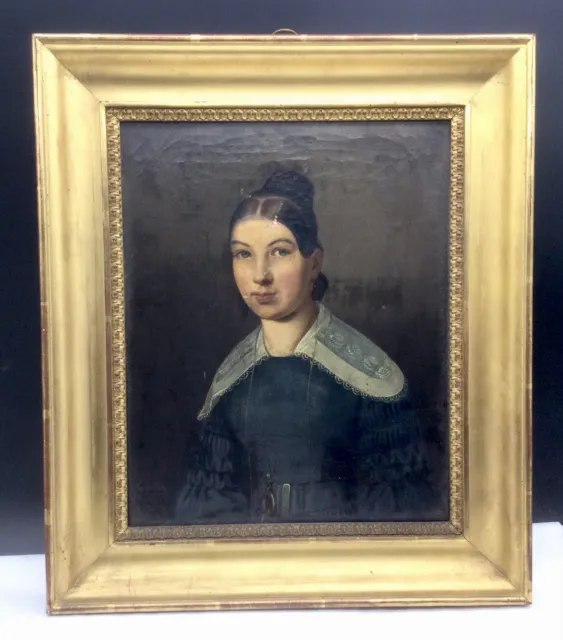 Antique Oil Painting Swiss Gulzviller Woman Lady Portrait 1800s