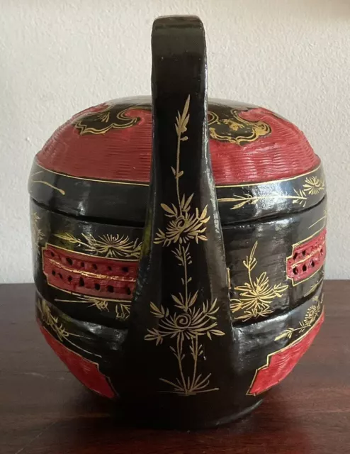 Vintage Chinese Wedding Basket Hand Painted Black Lacquer Gold Bamboo 2