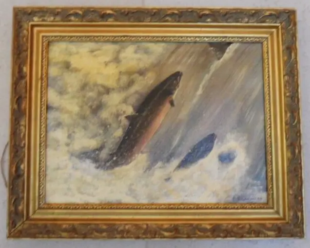 LARGE TRADITIONAL OIL Painting 2 Salmon Fish Leaping Upstream River  £3,000.00 - PicClick UK