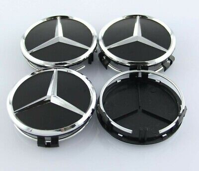 Set Of 4 Mercedes-Benz 75Mm Black Chrome Wheel Center Hub Caps Cover Emblem Logo