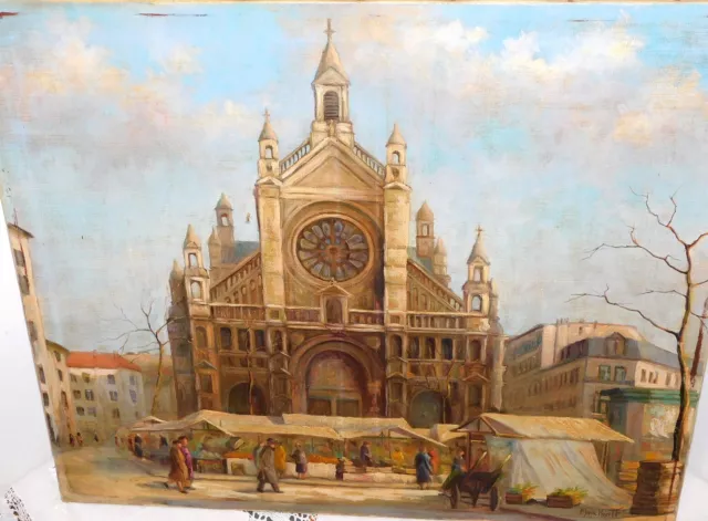 ANCIENNE PEINTURE SCENE DE MARCHÉ RUE EGLISE PERSONNAGE SIGNÉE MARC HANTF XIXème