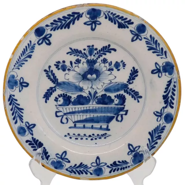 Antique Dutch Delft Tin-Glazed Earthenware Floral Urn Plate 18th century