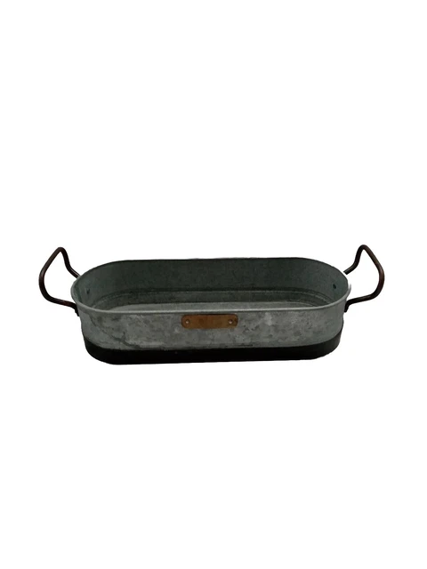 "New"  Home Goods  Galvanized Oblong Basin / Brass Handles 18" x 6" x 4”.