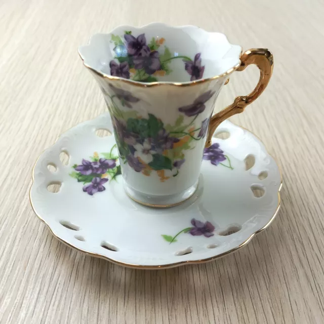 Vintage Teacup & Saucer Set Demitasse Fine China Japan Violets Lace Gold Trim