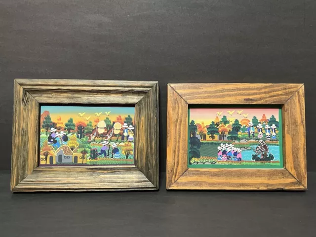 A Pair Of Vintage Original Folk Art Mini Oil Painting On Wooden Board Framed