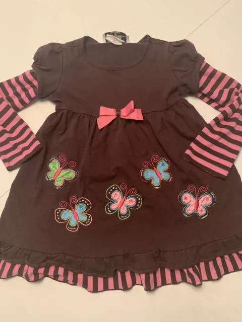 Rare Editions Girls Dress Sz 5 Brown Pink Butterfly Long Sleeve Fall Ruffle Bows