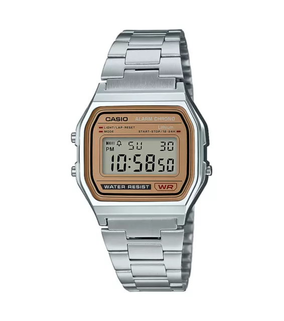 CASIO Armbanduhr digital mit Edelstahlarmband, Alarm, Licht, Stoppuhr - A158W