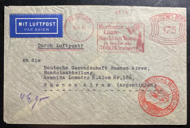 1935 Hereford Germany Graf Zeppelin LZ127 Flight Meter Cancel Cover to Argentina