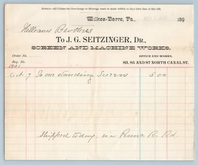 Ephemera BILLHEAD RECEIPT J G Seitzinger Machine Works Wiilkes-Barre PA 11 1901