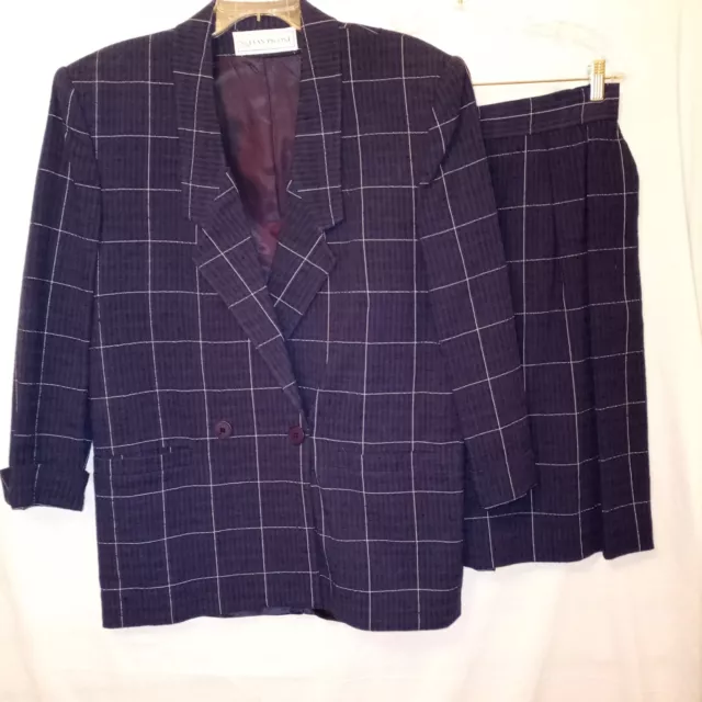 Evan Picone Skirt Suit Size 14 Navy White Window Pane Plaid Vintage F3