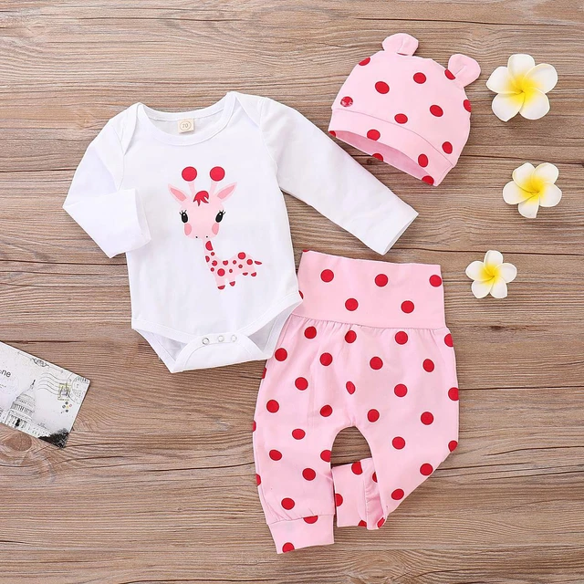 T-shirt 3 pz vestiti neonata bambina a pois top + pantaloni + cappello set abiti di Natale 4