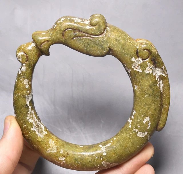 China Homgshan Culture Old Green Jade Carving Dragon Hook Bracelet Bangle