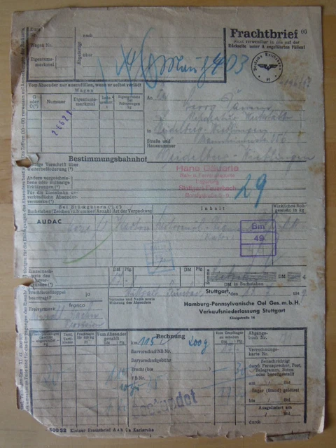 AUDAC ÖL Gesellschaft 1949 Frachtbrief DEUTSCHE REICHSBAHN   ÖL Diatom
