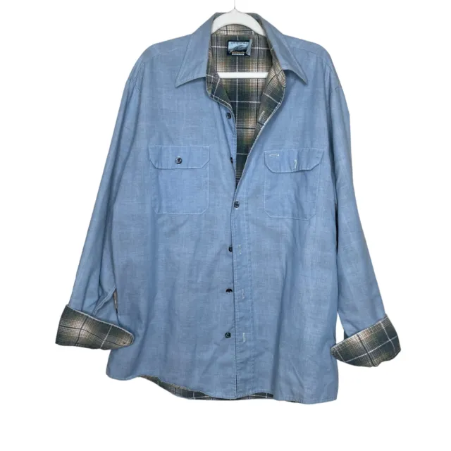 Vintage Fieldmaster Perma Prest Large Mens Blue Chambray Flannel Button Up Shirt