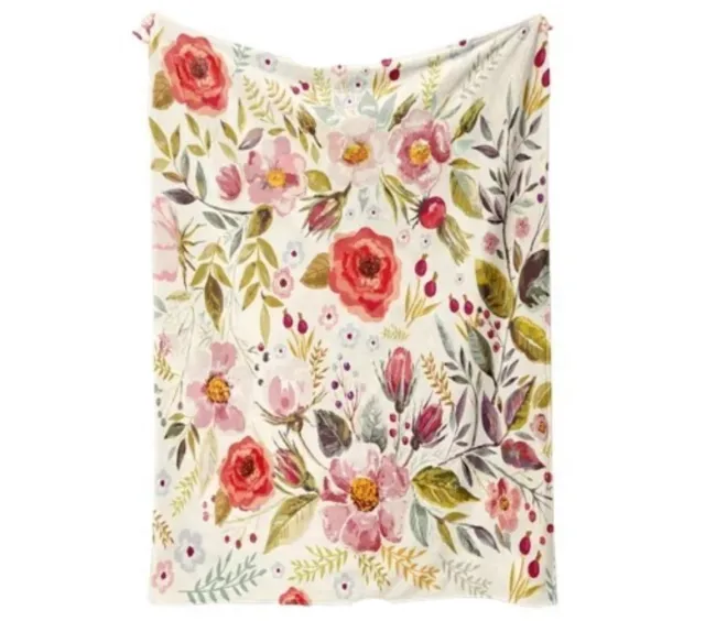 Victorian Trading Floral Botanical Minky Fleece Throw Blanket 40x60 Ivory 44A