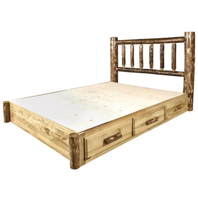 Log Platform Bed with Drawers QUEEN Size Amish Made Storage Beds Lodge Cabin
