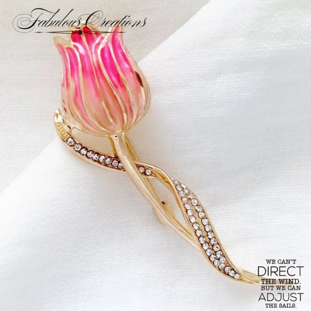 Pink Enamel Tulip Flower Vintage Art Deco Look Crystal Pin Brooch Jewellery Gift