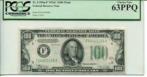 FR 2155m-F Mule 1934C $100 Federal Reserve Note 63 PPQ Choice New