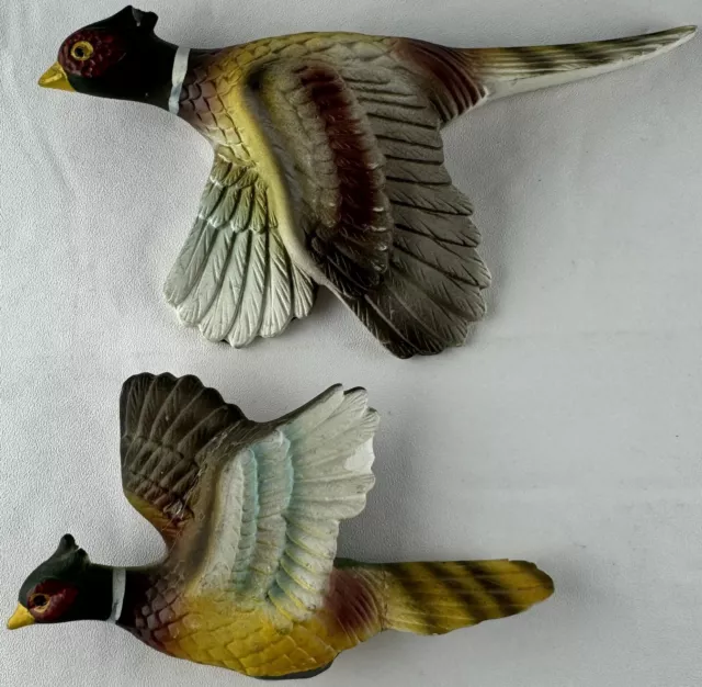 Vintage (2) Bird Wall Art Ceramic Flying Pheasant Hand Painted 60s 70s As Is