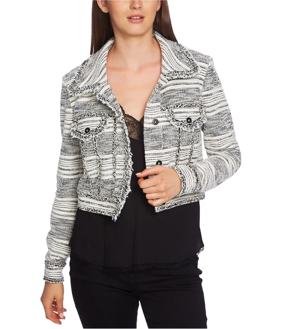 1.STATE Womens Fringe Trim Cropped Jacket, Grey, Small