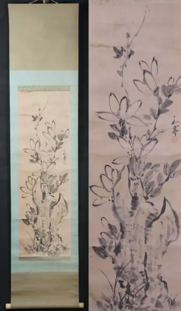 Japan Zen painting on paper Kakejiku scroll floral art 1880 Meiji