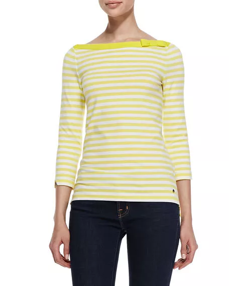 Kate Spade Devon 3/4 Sleeve Striped Boat Neck Top Sz M Lemon Yellow Fresh White