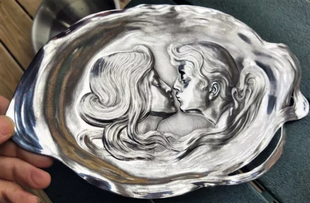 WMF Art Nouveau silver plated calling card tray - signed  c1903 boy girl kissing