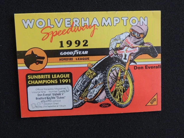 Wolverhampton Speedway v Bradford 21st September 1992 Raceday Programme