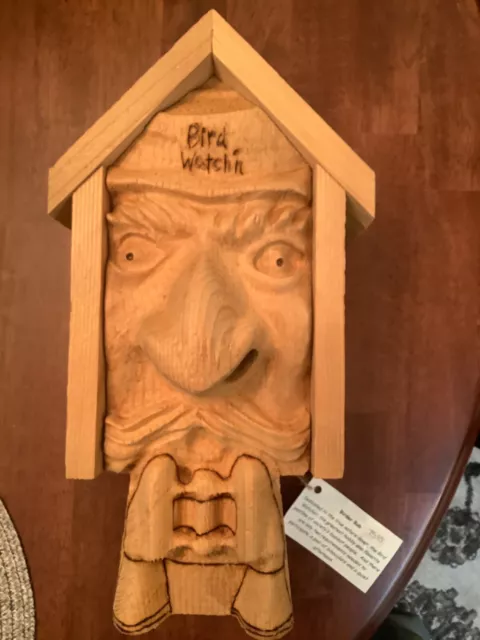 New ! Hand Carved Wood Old Man Face Bird Watcher Bob Birder Cedar Birdhouse