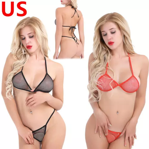 US Women's Bra Top Sexy See Through Fishnet Lingerie Set Micro Thongs Bikini Set