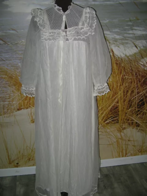CHIFFON & NYLON Peignoir Nightgown Set Ivory Lace Ruffles Vintage Sheer ...
