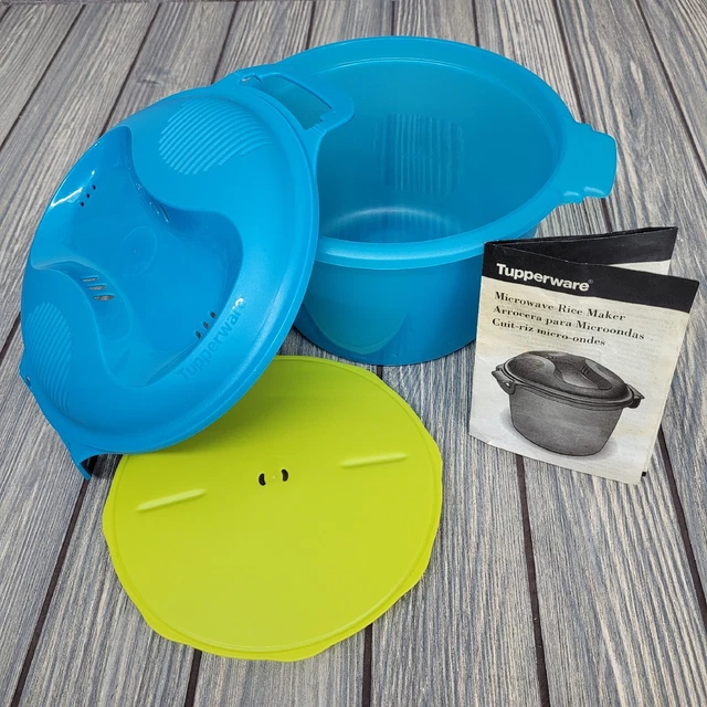 TUPPERWARE MICROWAVE RICE Maker Vegetable Steamer Cooker 3pc Teal Blue