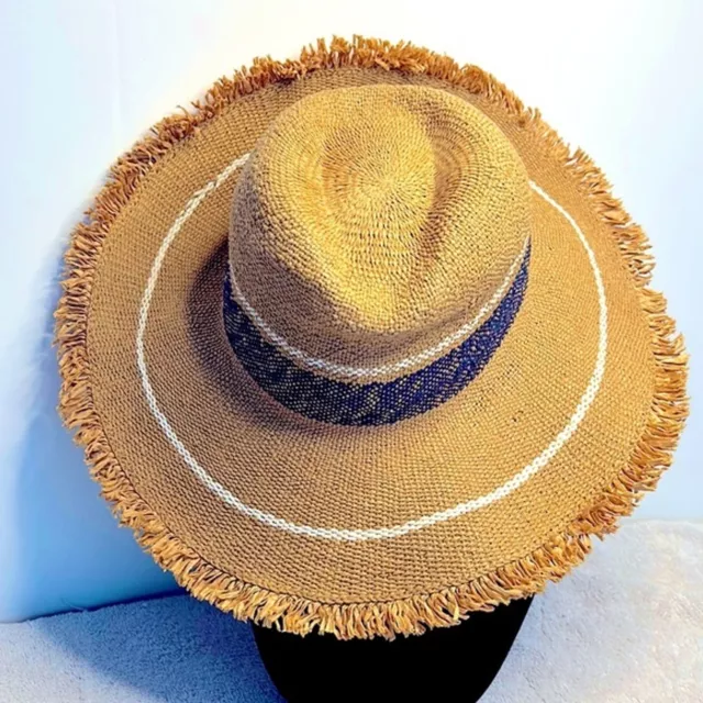 Hat Attack NY Large Brimmed Straw Hat Sun Beach Hat Classic Fringe Travel NWOT