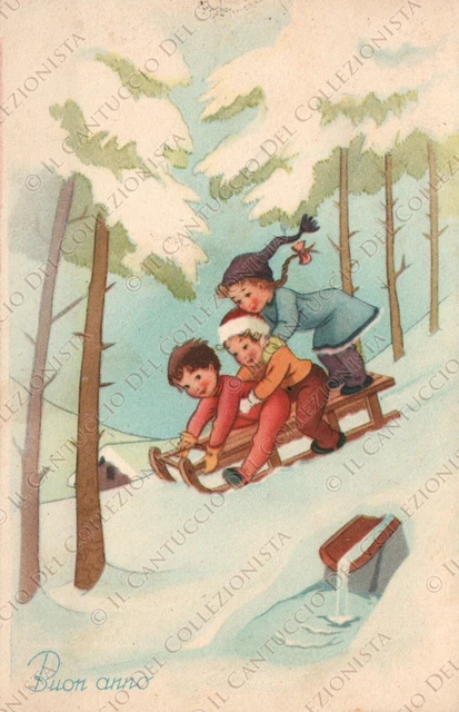 1950 Buon Anno Bambini sullo slittino Cartolina augurale illustrata