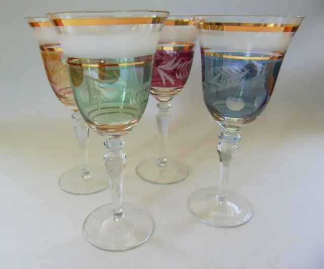 Water Goblet Set of 4 Gray Cut Cherries and Leaf Different Colors