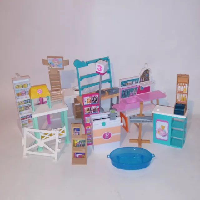 Lot of Barbie Fixtures Furniture Play Sets Grocery Store Veterinarian Stable